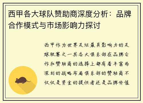 西甲各大球队赞助商深度分析：品牌合作模式与市场影响力探讨
